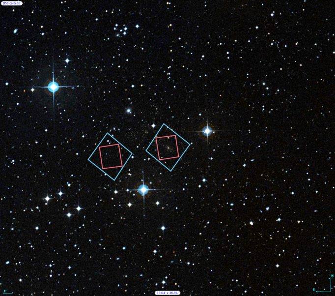 Locations of Hubble's observations of the Abell S1063 galaxy cluster (right) and the nearby parallel field (left), plotted over a Digital Sky Survey (DSS) image. The blue boxes outline the regions of Hubble's visible light observations, and the red boxes indicate areas of Hubble's infrared light observations. The 1’ bar, read as one arcminute, corresponds to approximately 1/30 the apparent width of the full moon as seen from Earth. Credit: Digitized Sky Survey (STScI/NASA) and Z. Levay (STScI).