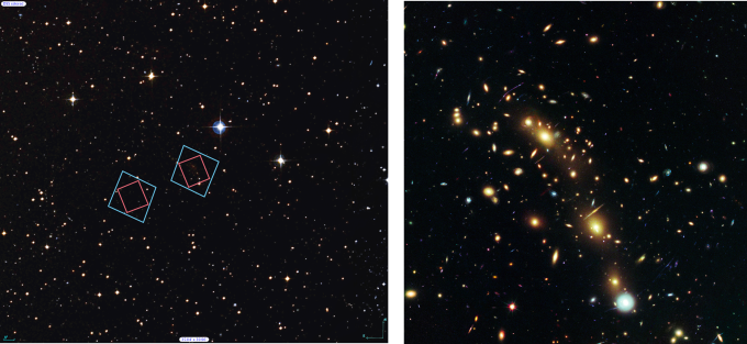 (Left) Locations of Hubble’s observations of the MACS J0416 galaxy cluster, right, and the nearby parallel field, left, plotted over a Digital Sky Survey (DSS) image. The blue boxes outline the regions of Hubble’s visible light observations, and the red boxes indicate areas of Hubble’s infrared light observations. The 1’ bar, read as one arcminute, corresponds to approximately 1/30 the apparent width of the full moon as seen from Earth. (Right) Archival Hubble image of the MACS J0416 galaxy cluster taken in visible light. Left Credit: Digitized Sky Survey (STScI/NASA) and Z. Levay (STScI). Right Credit: NASA, ESA, and M. Postman (STScI), and the CLASH team.