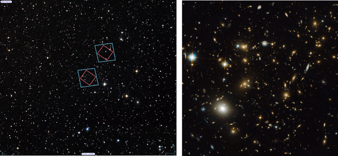 (Left) Locations of Hubble’s observations of the MACS J0717 galaxy cluster, bottom, and the nearby parallel field, top, plotted over a Digital Sky Survey (DSS) image. The blue boxes outline the regions of Hubble’s visible light observations, and the red boxes indicate areas of Hubble’s infrared light observations. The 1’ bar, read as one arcminute, corresponds to approximately 1/30 the apparent width of the full moon as seen from Earth. (Right) Archival Hubble image of the MACS J0717 galaxy cluster taken in visible light. Left Credit: Digitized Sky Survey (STScI/NASA) and Z. Levay (STScI). Right Credit: NASA, ESA, and H. Ebeling (University of Hawaii).