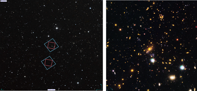 (Left) Locations of Hubble’s observations of the MACS  J1149 galaxy cluster, top, and the nearby parallel field, bottom, plotted over a Digital Sky Survey (DSS) image. The blue boxes outline the regions of Hubble’s visible light observations, and the red boxes indicate areas of Hubble’s infrared light observations. The 1’ bar, read as one arcminute, corresponds to approximately 1/30 the apparent width of the full moon as seen from Earth. (Right) Archival Hubble image of the MACS J1149 galaxy cluster taken in visible light. Left Credit: Digitized Sky Survey (STScI/NASA) and Z. Levay (STScI). Right Credit: NASA, ESA, and M. Postman (STScI), and the CLASH team.