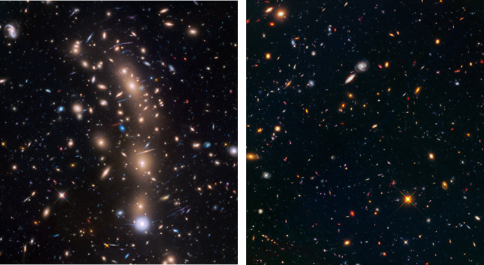 Shown on the left is the galaxy cluster MACS J0416. Shown on the right is the adjacent parallel field. These were the second completed targets of the Hubble Frontier Fields program.