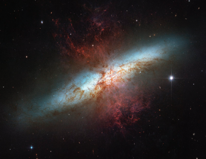 Mosaic image from Hubble of the magnificent starburst galaxy Messier 82 (M82).