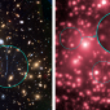 Shown here are gravitationally lensed galaxies in galaxy cluster MACS J0717, as observed by Hubble (left) and Spitzer (right). Credit: Hubble – NASA, ESA, and J. Lotz, M. Mountain, A. Koekemoer, and the HFF Team (STScI); Spitzer – NASA/JPL-Caltech/P. Capak