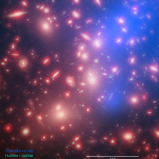 Processed composite image of galaxy cluster Abell 2744. Credit: Chandra – NASA/CXC/SAO; Hubble – NASA, ESA, and J. Lotz, M. Mountain, A. Koekemoer, and the HFF Team (STScI); Spitzer – NASA/JPL-Caltech/P. Capak