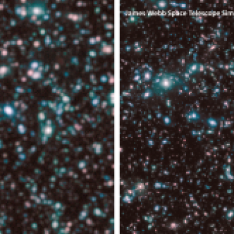 Shown here are simulated Spitzer (left) and JWST (right) images of distant galaxies in infrared colors. These were constructed from a computer simulation of the deep universe. Credit: G. Snyder & Z. Levay (STScI)